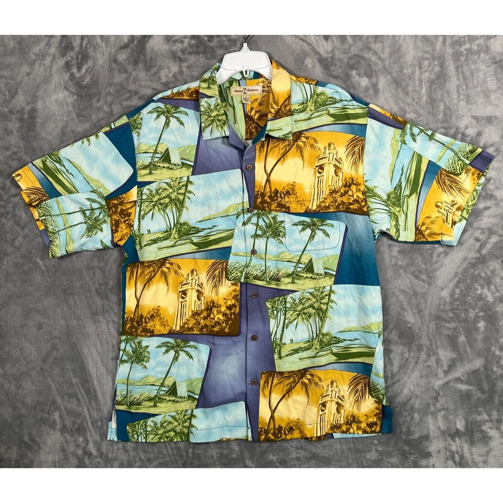 Tommy‎ Bahama Hawaiian Shirt Mens Large Postcards Silk Camp Blue Palm Tree Blue